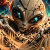 Alien_panoramique_20_5x8_5cm_300dpi Extraterrestre à la peau craquelée émergeant d’un sol rocheux sous un ciel de planètes et de nébuleuses.