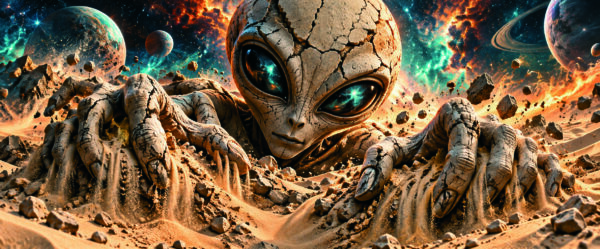Alien_panoramique_20_5x8_5cm_300dpi Extraterrestre à la peau craquelée émergeant d’un sol rocheux sous un ciel de planètes et de nébuleuses.