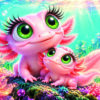 Deux axolotls roses aux grands yeux dans un décor aquatique multicolore.