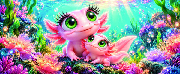 Deux axolotls roses aux grands yeux dans un décor aquatique multicolore.