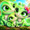 Famille de caméléons verts aux grands yeux parmi des fleurs tropicales, avec une cascade en arrière-plan.