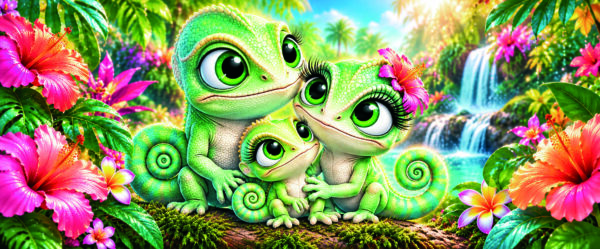 Famille de caméléons verts aux grands yeux parmi des fleurs tropicales, avec une cascade en arrière-plan.