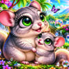 Deux chinchillas blottis parmi des fleurs multicolores et des papillons, près d’une cascade.