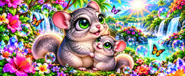 Deux chinchillas blottis parmi des fleurs multicolores et des papillons, près d’une cascade.