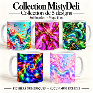 Cinq mugs présentant les dessins abstraits du lot Vibrations de MistyDeli