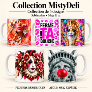 Présentation de cinq mugs aux motifs fleuris, humoristiques et fantastiques pour sublimation