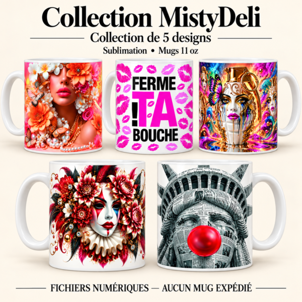 Collection MistyDeli _ cinq mugs illustrés Présentation de cinq mugs aux motifs fleuris, humoristiques et fantastiques pour sublimation