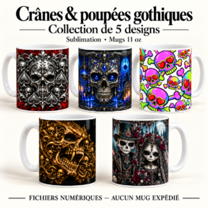 Mugs de caractère — 5 dessins numériques crânes & poupées gothiques