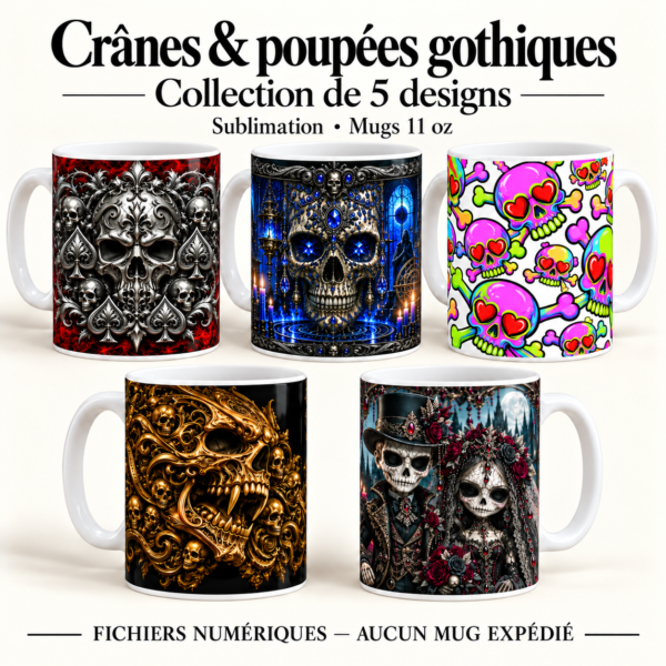 Mugs de caractère — 5 dessins numériques crânes & poupées gothiques