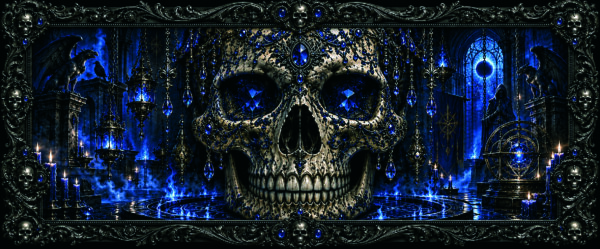 Crâne dans un décor gothique éclairé de bleu