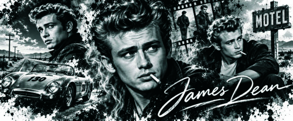 Dean Composition panoramique noir et blanc de James Dean avec voiture, route et pellicules de cinéma