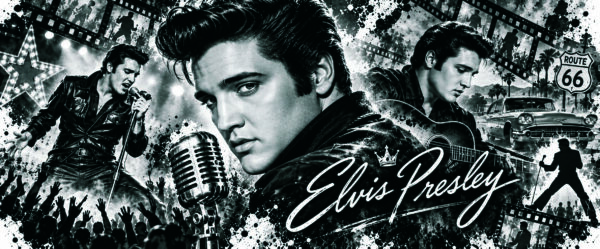 Elvis Composition panoramique noir et blanc d’Elvis Presley avec micro, guitare et décor rock’n’roll