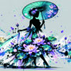 Geisha_lotus_20_5x8_5cm_300dpi Silhouette noire tenant une ombrelle, entourée de lotus et de touches turquoise, bleues et violettes.