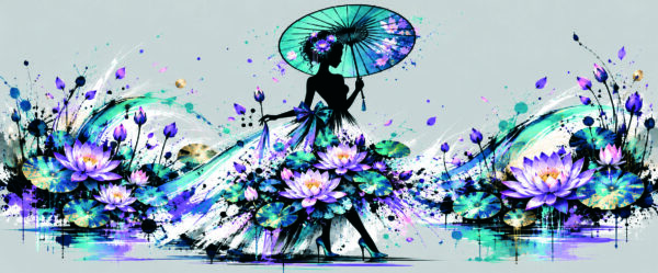 Geisha_lotus_20_5x8_5cm_300dpi Silhouette noire tenant une ombrelle, entourée de lotus et de touches turquoise, bleues et violettes.