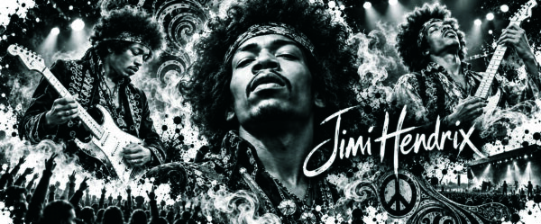 Hendrix Composition panoramique noir et blanc de Jimi Hendrix avec guitares et motifs psychédéliques