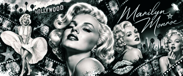Marilyn Composition panoramique noir et blanc de Marilyn Monroe avec pellicules et décor hollywoodien