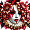 Masque plume Masque blanc entouré de fleurs rouges, de plumes et d’ornements dorés