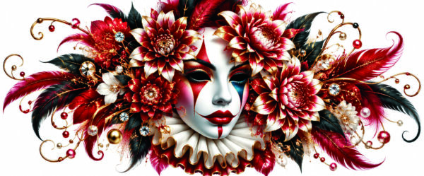 Masque plume Masque blanc entouré de fleurs rouges, de plumes et d’ornements dorés