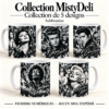 MistyDeli Five-Design Mug Collection Cinq mugs blancs présentant les dessins noir et blanc de la collection Légendes MistyDeli