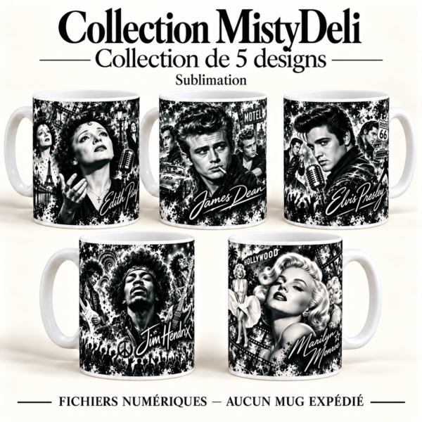 MistyDeli Five-Design Mug Collection Cinq mugs blancs présentant les dessins noir et blanc de la collection Légendes MistyDeli