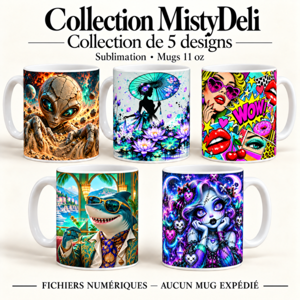 Mockup MistyDeli de cinq mugs illustrés lot de 5 mug décalés