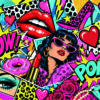 Pop_girly_20_5x8_5cm_300dpi Collage pop art coloré avec portraits féminins, lunettes, lèvres rouges, cœurs et inscriptions WOW et POP.