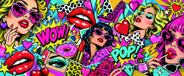 Pop_girly_20_5x8_5cm_300dpi Collage pop art coloré avec portraits féminins, lunettes, lèvres rouges, cœurs et inscriptions WOW et POP.
