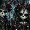 Duo de poupées squelettes en costumes gothiques dans un décor sombre