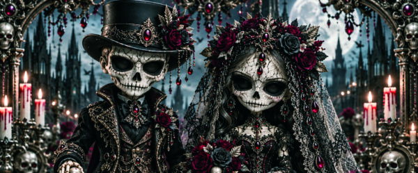 Duo de poupées squelettes en costumes gothiques dans un décor sombre