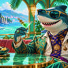 Requin_Riviera_20_5x8_5cm_300dpi Requin en costume vert et or, portant des lunettes de soleil et tenant un cocktail dans un salon avec vue sur la mer.