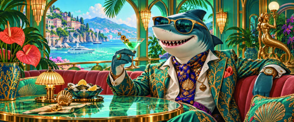 Requin_Riviera_20_5x8_5cm_300dpi Requin en costume vert et or, portant des lunettes de soleil et tenant un cocktail dans un salon avec vue sur la mer.