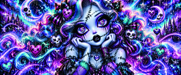 Sally_yeux_dollars_20_5x8_5cm_300dpi Poupée gothique aux yeux ornés de symboles dollar, entourée de cœurs, de crânes et de volutes violettes et turquoise.