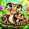 Deux serpents aux grands yeux dans un décor tropical de feuilles vertes et de fleurs roses.