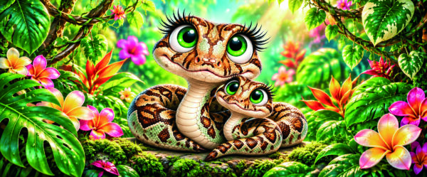 Deux serpents aux grands yeux dans un décor tropical de feuilles vertes et de fleurs roses.