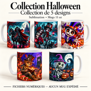 Lot de 5 dessins Halloween pour sublimation sur mugs 11 oz.