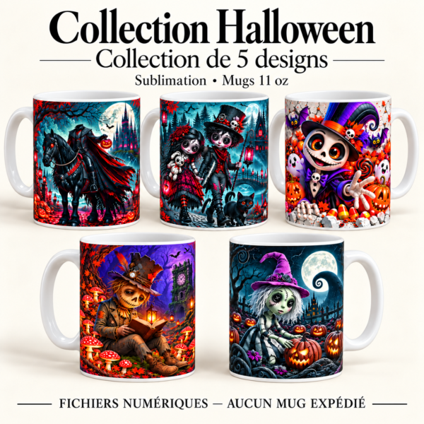 Lot de 5 dessins Halloween pour sublimation sur mugs 11 oz.