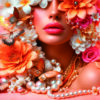 femme fleurs Portrait féminin entouré de fleurs roses et orange, de papillons et de perles