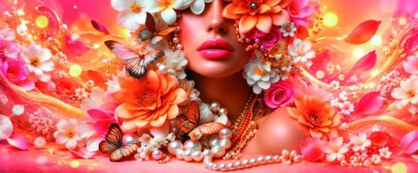 femme fleurs Portrait féminin entouré de fleurs roses et orange, de papillons et de perles